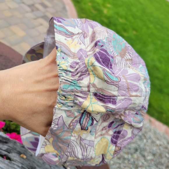 Purple Floral Hat 100% Cotton Elastic Back Purple Yellow Teal Cream Cadet Style - Picture 4 of 12